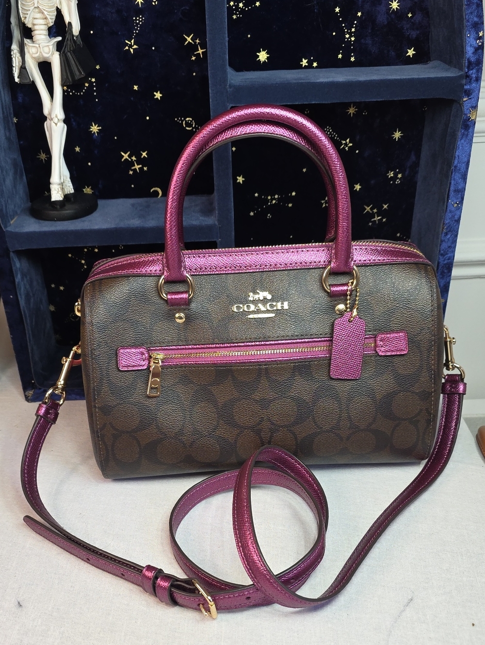 Coach Rowan Signature Satchel with Metallic Magenra Trim NWOT